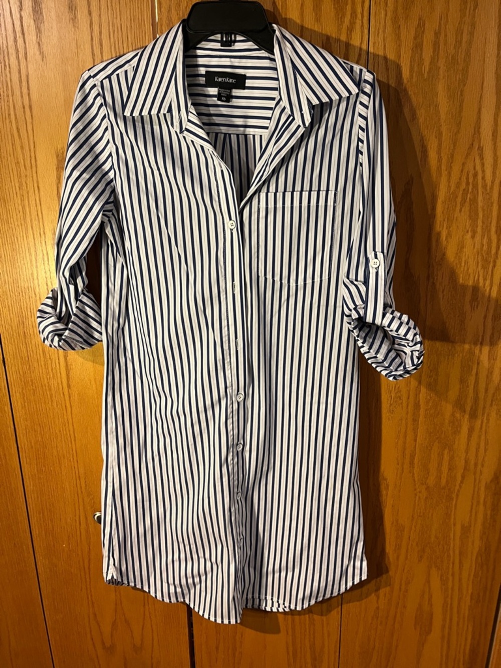 Karen Kane Navy and White Vertical Stripe Button-Down Shirt